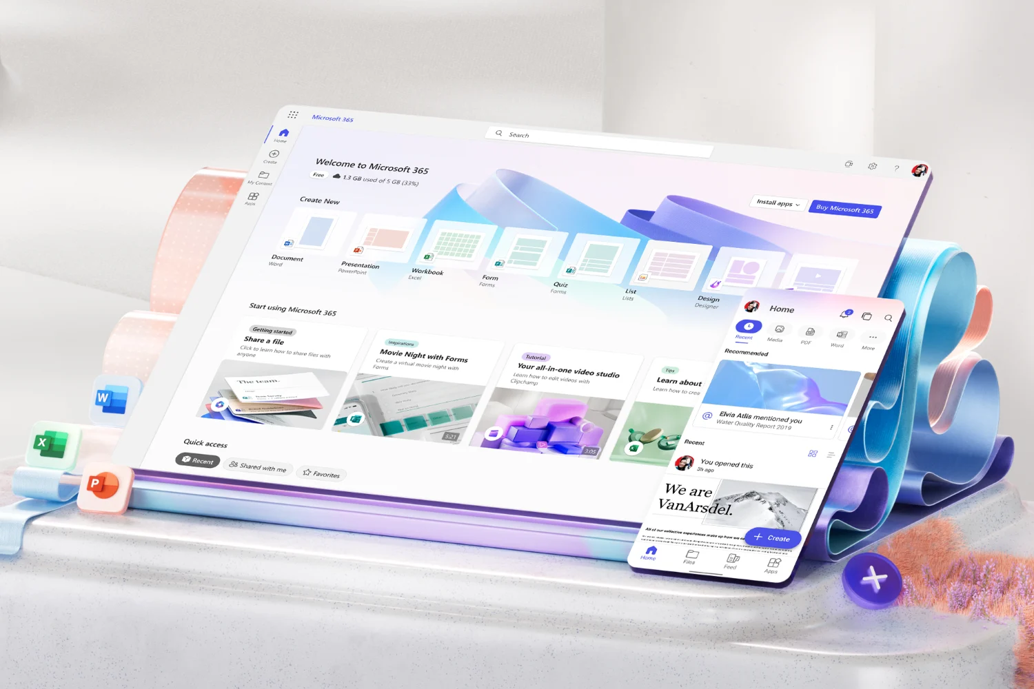 The Microsoft 365 home screen on a tablet and a phone, with Word, Excel, and PowerPoint